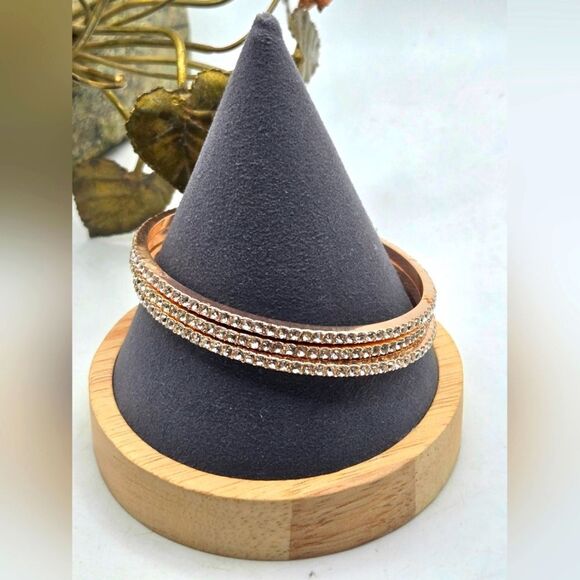 "5/$25" Set Of 3 Rose Goldtone Copper Rhinestone Bangle Bracelets Sz Average - Picture 1 of 6